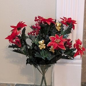 Vintage Gold Trimmed Poinsettia Bush With Gold Teddy Bears Set Of Two